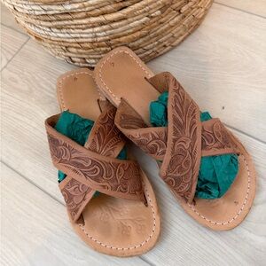 Brown Tooled Leather Sandals